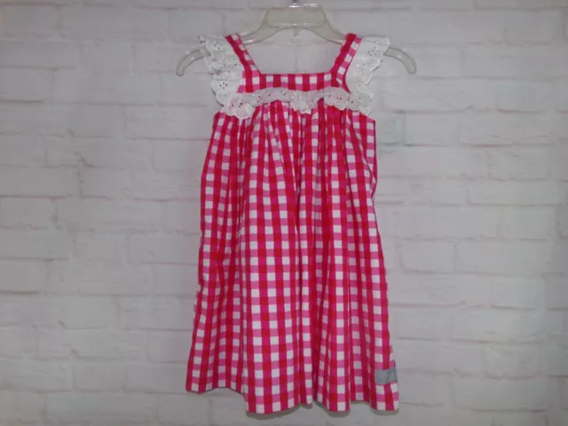 Eleanor Rose Girls size 6-7 Pink and White Plaid Check Dress Eyelet Rick Rack