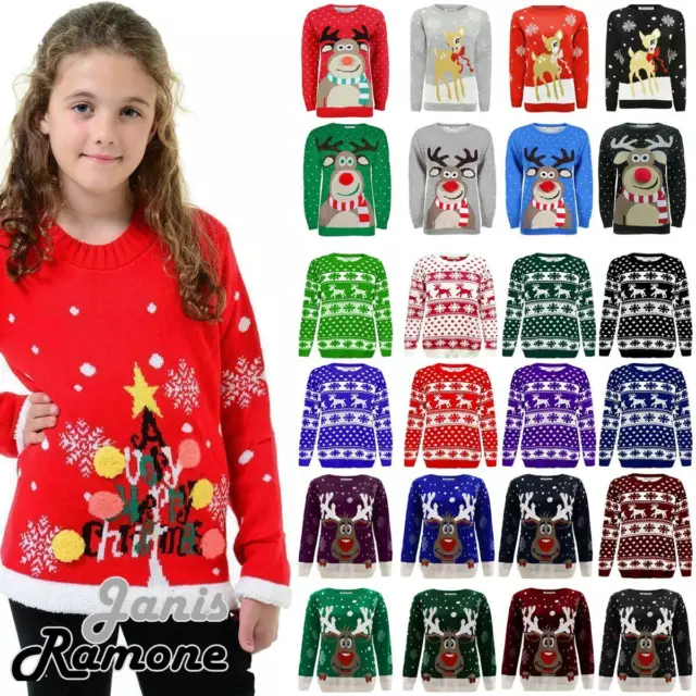Kids Christmas Jumper Reindeer Novelty Knitted Xmas Jumper Girls Boys Sweater