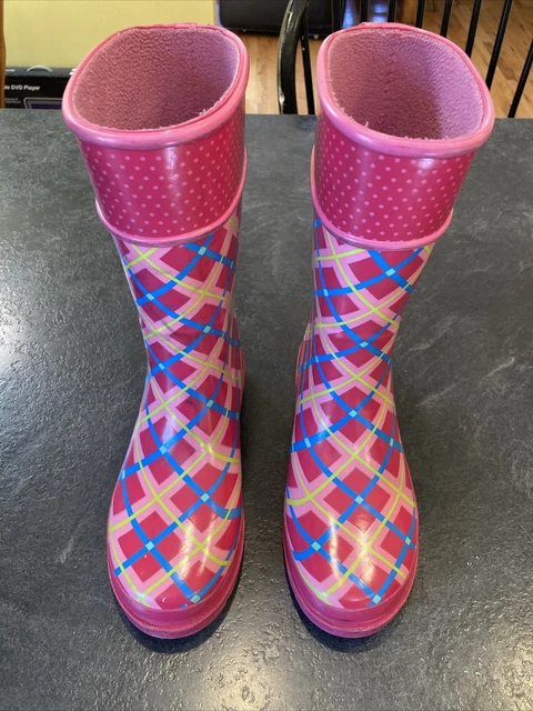 Girls Sperry Top-Siders Pelican Pink Blue Green Plaid Rain Boots - Size 1