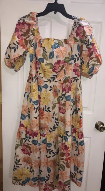 Vince Camuto Women Puff Sleeve Floral Tiered Dress Size 14 Cotton PRETTY!