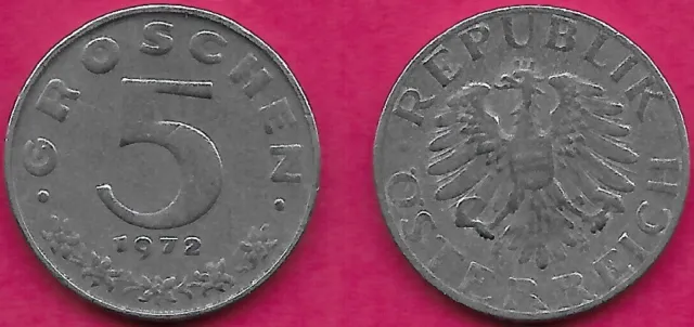 Austria 5 Groschen 1972 Vf Imperial Eagle With Austrian Shield On Breast,Ho