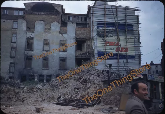 Germany Frankfurt Ruins TWA Sign 1950s 35mm Slide Red Border Kodachrome Rubble