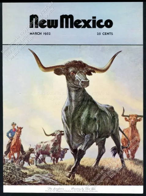 vintage Tom Lea longhorn cattle art New Mexico Magazine framing cover March 1952