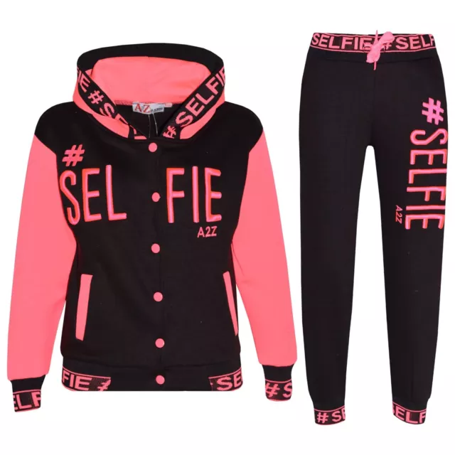 Kids Girls Tracksuit Neon Pink #Selfie Embroidered Jogging Suit Top & Bottom