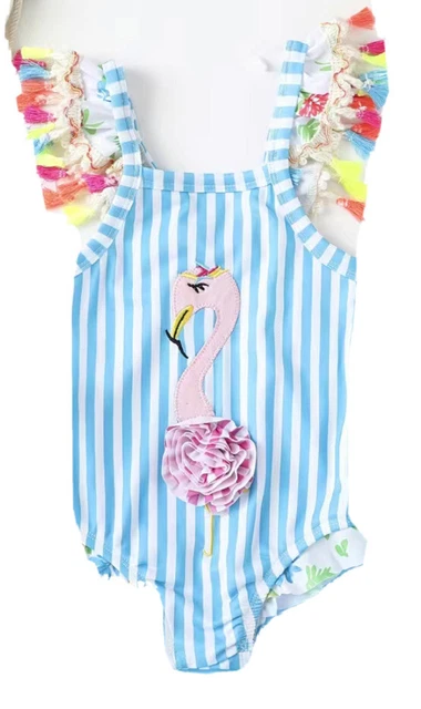 Girl Flamingo Embroidered striped Tassel Trim, one piece Cami Swimsuit & Glasses