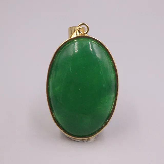 New 18K Yellow GP with Green Jade Oval Pendant 1.57inch H Dragon Pattern On Back