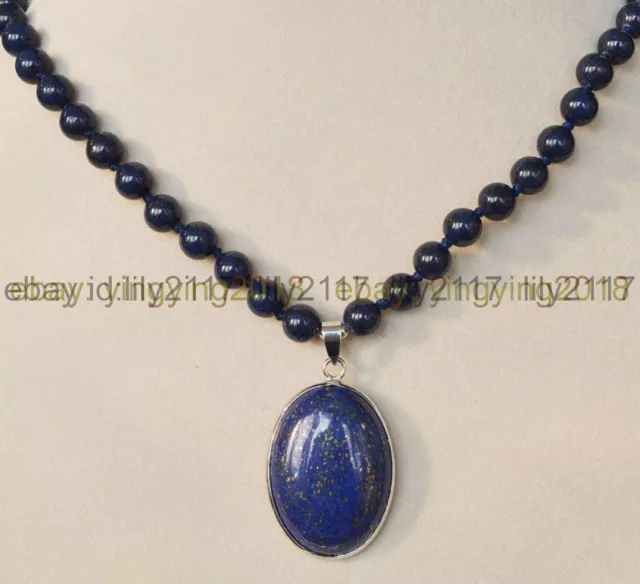 Natural Blue Egyptian Lapis Lazuli Gemstone Beads Oval Pendant Necklace 18" AAA