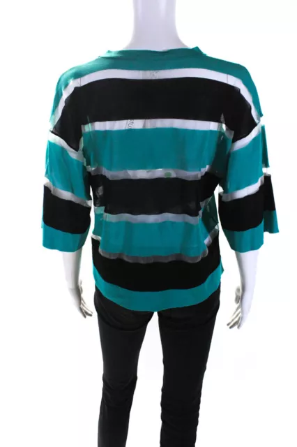 Jucca Womens Green Black Striped Mesh Crew Neck 3/4 Sleeve Blouse Top Size M 3