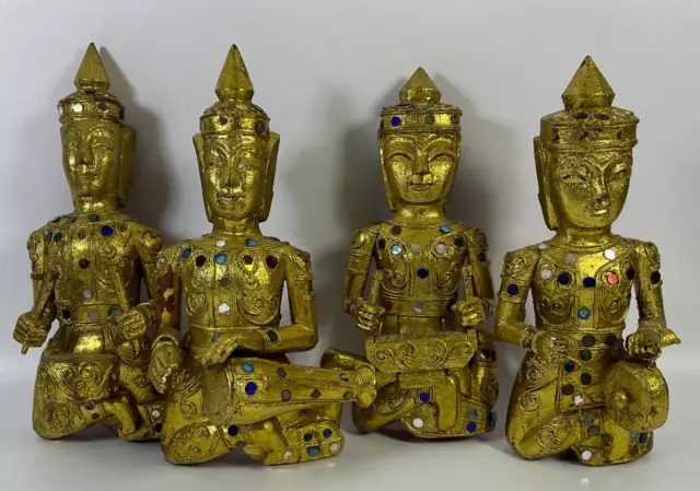 Burmese Temple Quartet Musicians Gilded Hand Carved Wood Wall Decor Vintage