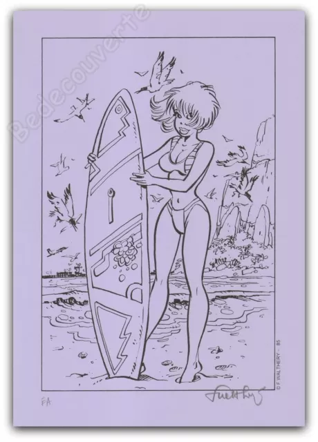 Ex-libris Sérigraphie François Walthéry Natacha surf mauve signé 21x29,7 cm