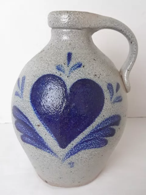 Rowe Pottery Works Salt Glazed Stoneware 8" JUG Blue Heart Design 1986 ? 44.5