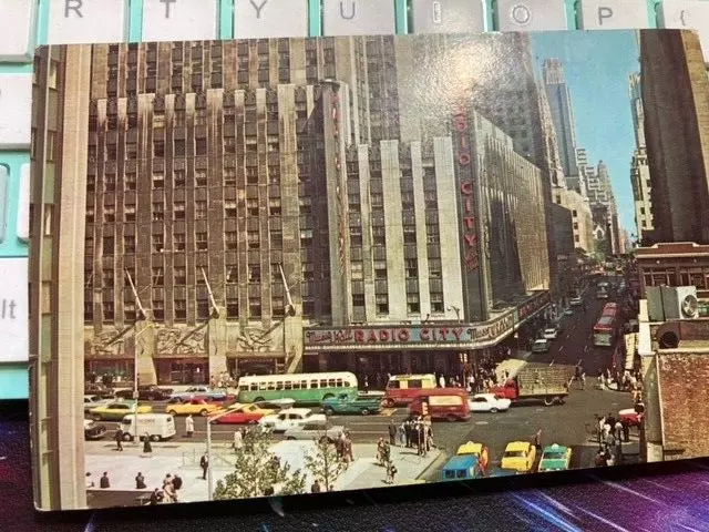 Vintage Postcard NY New York City Radio City Music Hall Busy Street Scene Cars