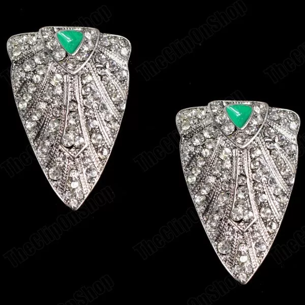 CLIP ON big RETRO art deco CRYSTAL egyptian revival EARRINGS SILVER/GOLD tone