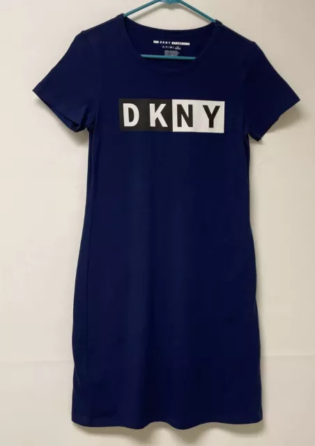 DKNY SPORT NAVY Blue Short Sleeve Knee Length T Shirt Large Logo Dress ...