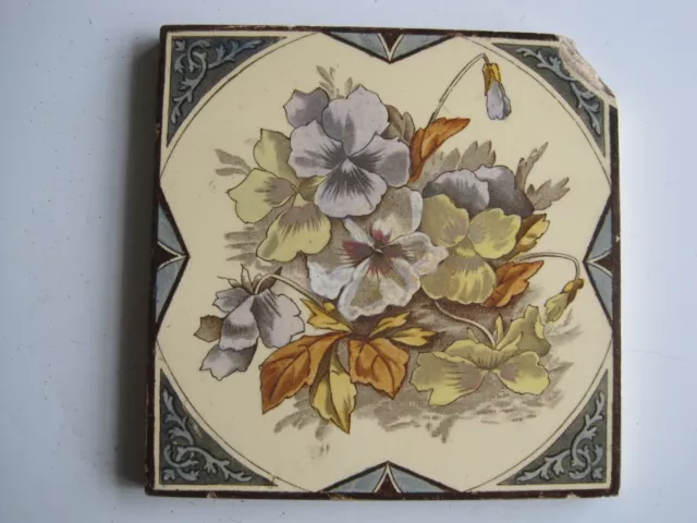 ANTIQUE VICTORIAN 6" SQUARE PRINT & TINT PANSIES TILE - c1885 - 1890