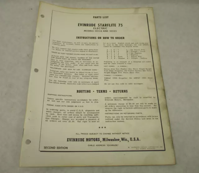 1961 2nd Ed Evinrude Outboard Parts Catalog Starflite 75 Electric 50524 50525