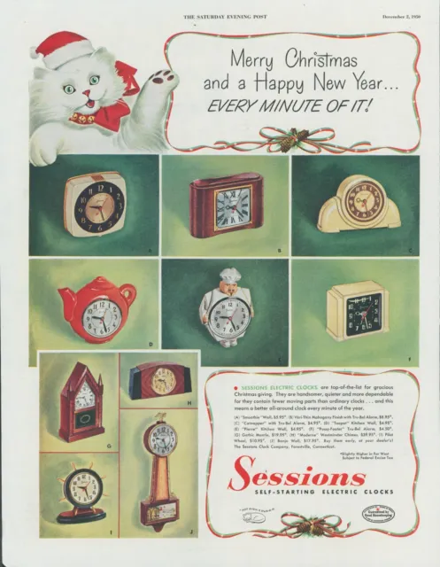 1950 Sessions Electric Clocks White Cat Santa Hat Christmas Vintage Print Ad SP7