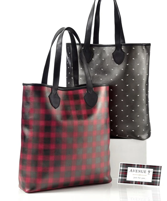 Red Plaid Tote Faux Leather 2 Styles 14.6" High Handbag Purse Ladies Shop