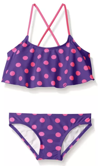 Kanu Surf Girls' Karlie Flounce Bikini 2-Piece, Purple W Pink Polka Dots, Sz 14