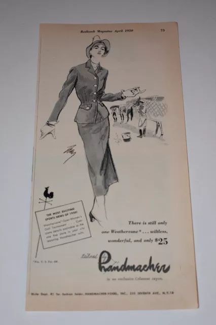 Vintage 1950 Handmacher Clothing Print Ad.