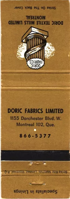 Doric Fabrics Limited, Montreal, Quebec, Canada Vintage Matchbook Cover