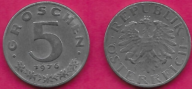 Austria 5 Groschen 1976 Vf Imperial Eagle With Austrian Shield On Breast,Ho