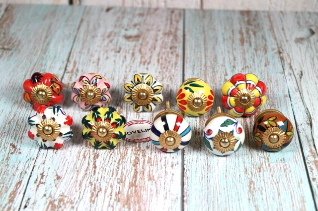 10 Set Knobs Mix Rare Hand Painted Ceramic Knobs Cabinet Drawer Pull - BIK6003
