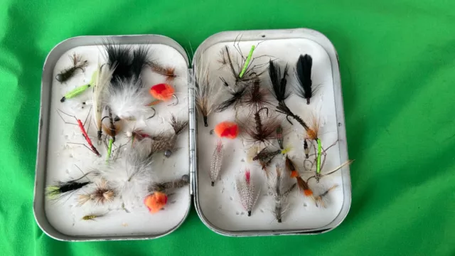 Richard Wheatley Aluminium Fly Fishing Box.  + Trout 35 Flies.