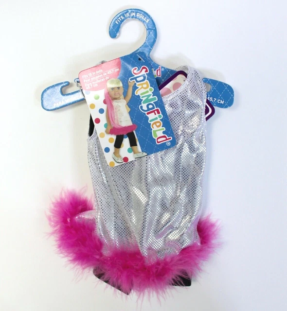 Springfield Silver Shine Mini Dress with Faux Fur Trim & Black Legging for Doll