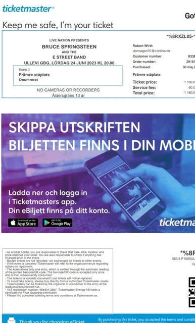 Bruce Springsteen Göteborg II 24.06.2023 Front of stage / Främre ståplats Ticket