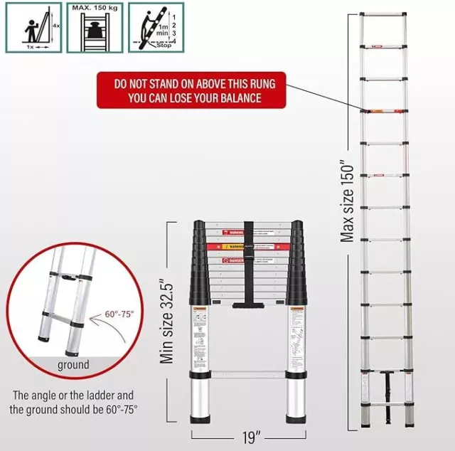 Yvan Telescoping Ladder,12.5 FT One Button Retraction Aluminum Telescopic Extens 2