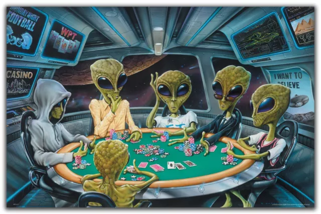 Area 51 Aliens Playing Poker Art Print 11x17 UFO Space Game Room Wall Decor Gift