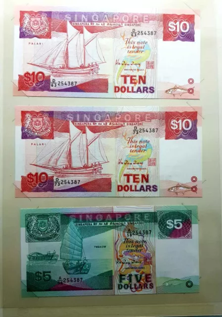 Singapore 2nd Ship Series $5 &10 Dollar banknote 3pcs(+FREE 1 B/note)#D8369