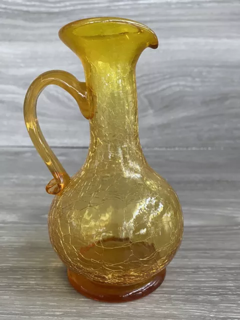 Vintage Hand Blown Amber Crackled Glass Picture Vase
