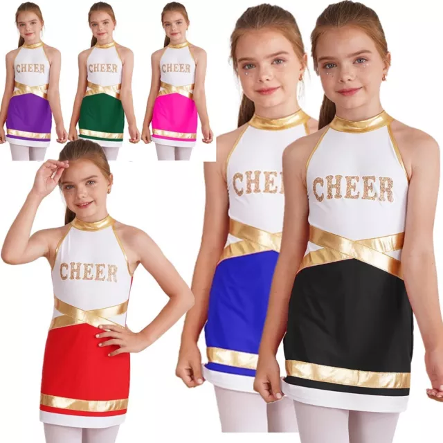 Kids Girls Cheerleading Costume Shiny Cheer Leader Dress Theme Party Stylish