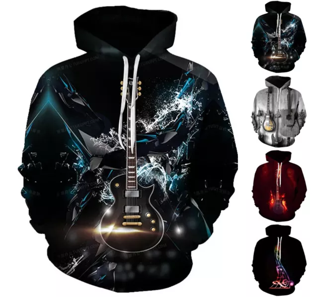 Mens Graphic Print Hoodie Sweatshirt Top Electric Guitar V2 - Sizes Xs-6xl