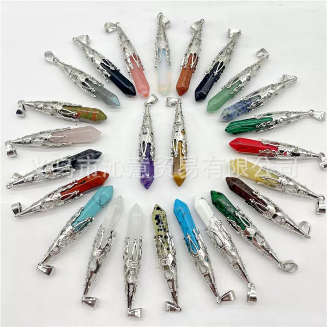 20pcs Small Natural Gemstone Long Hexagonal Pointed Reiki Chakra Healing Pendant