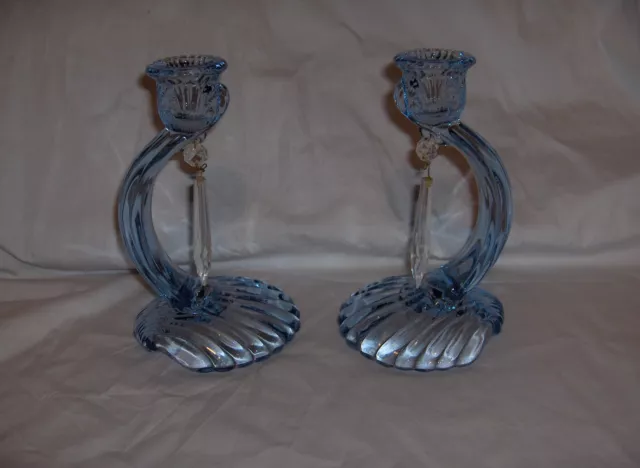 Vintage Cambridge Crystal Caprice Tall Candlesticks Shell Moonlight Blue #300