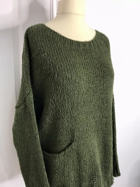 Made In Italy Lagenlook Dark Green Chunky Knit Pocket Jumper - UK Sz 14 16 18 20 3