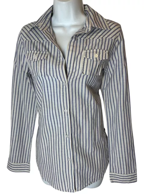 ELIZABETH & JAMES Blue Cream Stripe Low V Neck Blouse Top Size Medium M