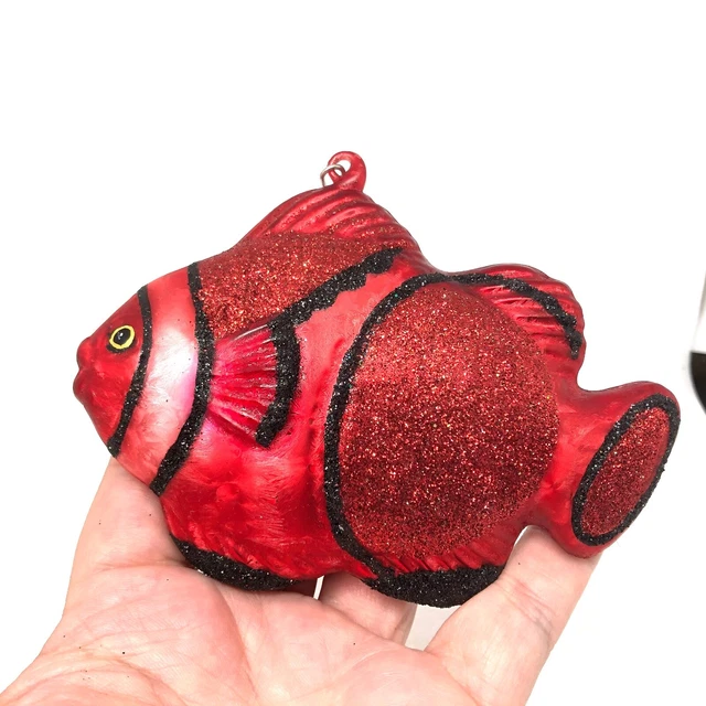 Red & Black Tropical Fish Glass Textured & Glittered Christmas Ornament