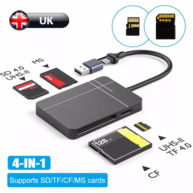 4 in 1 Card Reader USB 3.0/-C to Micro SD TF CF MS Compact Flash Card Adapter UK