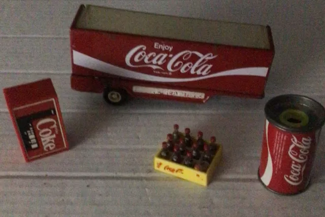 Misc Coca Cola Toy Items,Truck Trailer,Sharpner,Mini Pop Case,Machine