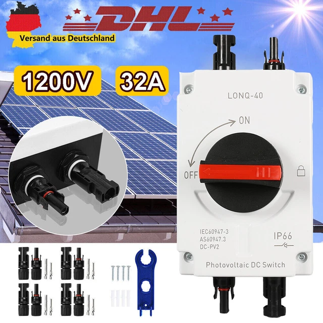 DC-Trennschalter 32A 500V Für PV-Anlagen – IP65 Wasserdicht Mit 260mm Kabel & Montagezubehör