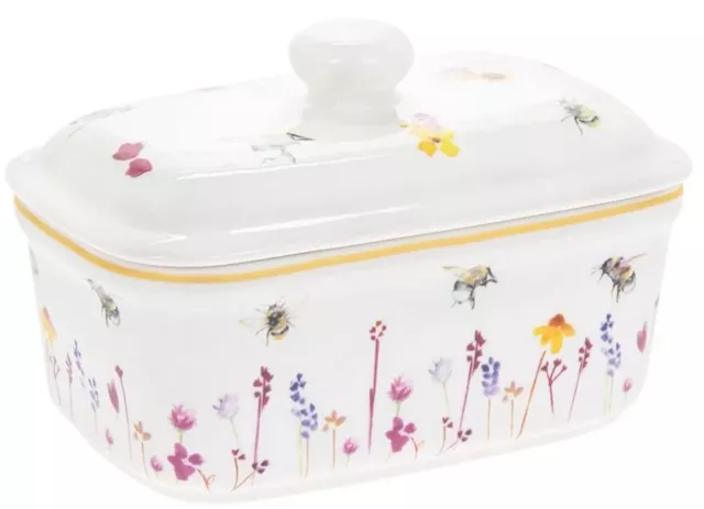 Lidded China Butter Dish Pretty Water Colour Busy Bees Design by Jennifer...