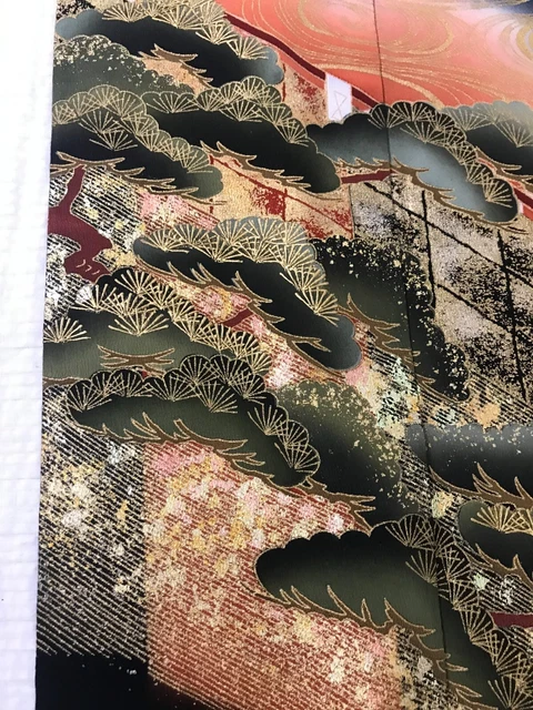 @@ Vintage Japanese kimono silk fabric/ tomesode black/ cranes, pine tree AP37 4