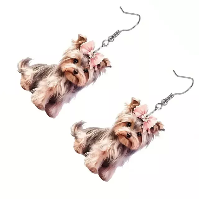 Stylish Yorkshire Terrier Dog Design Dangle Earrings Cute Pink Flower Gift New 3