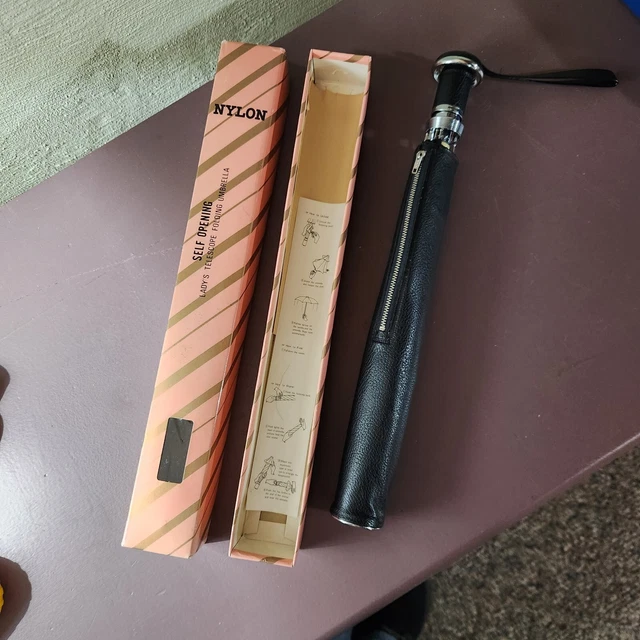 Vintage Nylon Telescopic Ladies Umbrella Self Opening New Never Used In The Box.