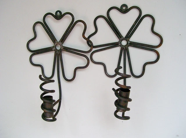 Vintage 2 COURTING CANDLE HOLDERS Wall Mount Shamrock Sconce Iron Rustic Prim