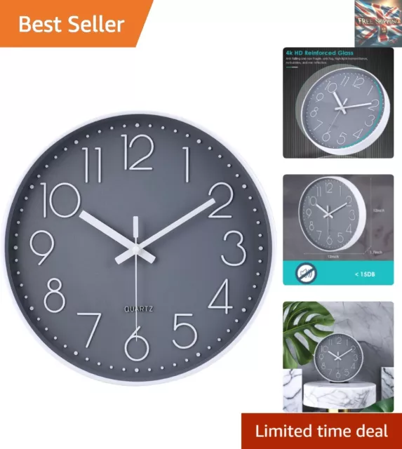 Modern Grey Wall Clock - 12 Inch - Silent Quartz Sweep Movement - Decorative